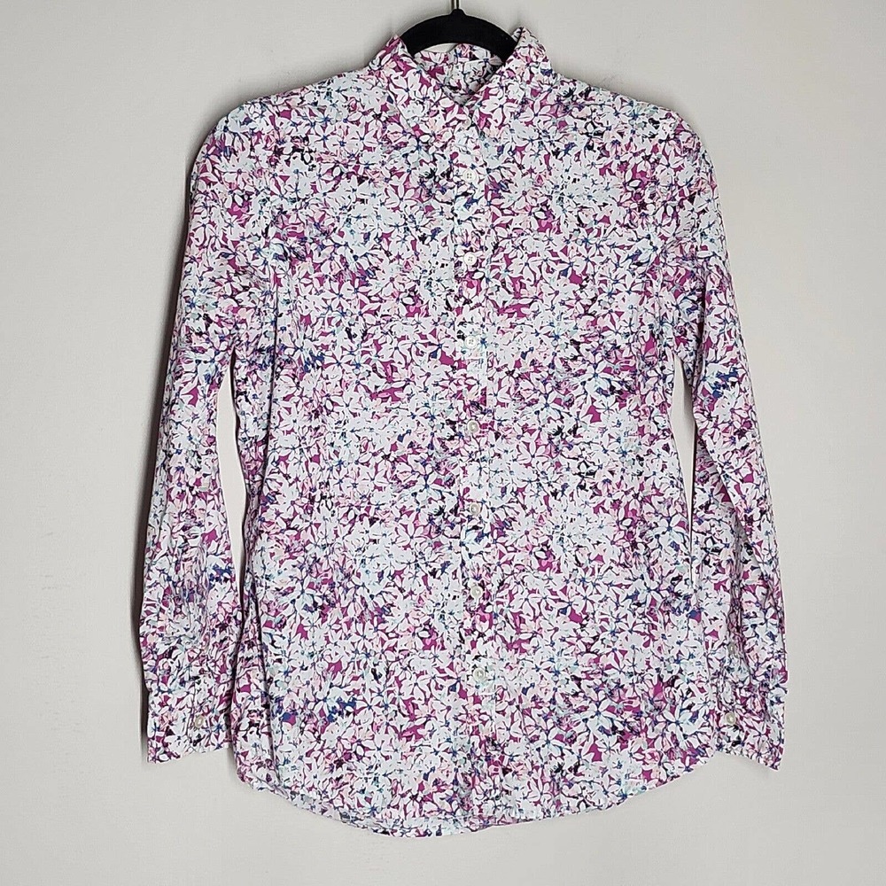 BANANA REPUBLIC DILLON Pink Floral Print Long Sleeve Button Down Blue Shirt XS